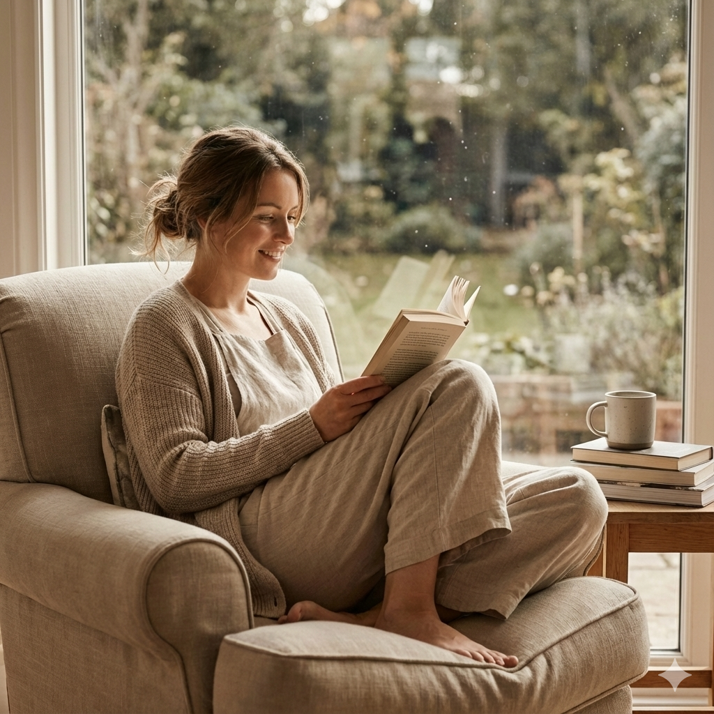 Woman reading peacefully near window
